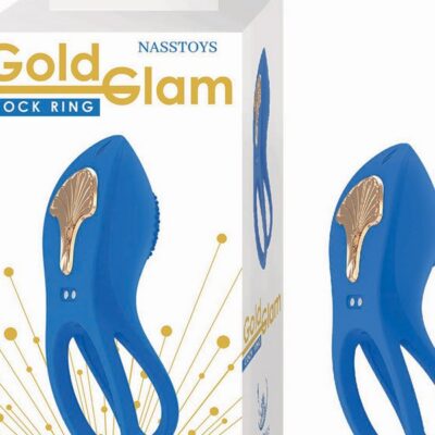 Gold Glam vibrating cockring in black and blue on neutral background