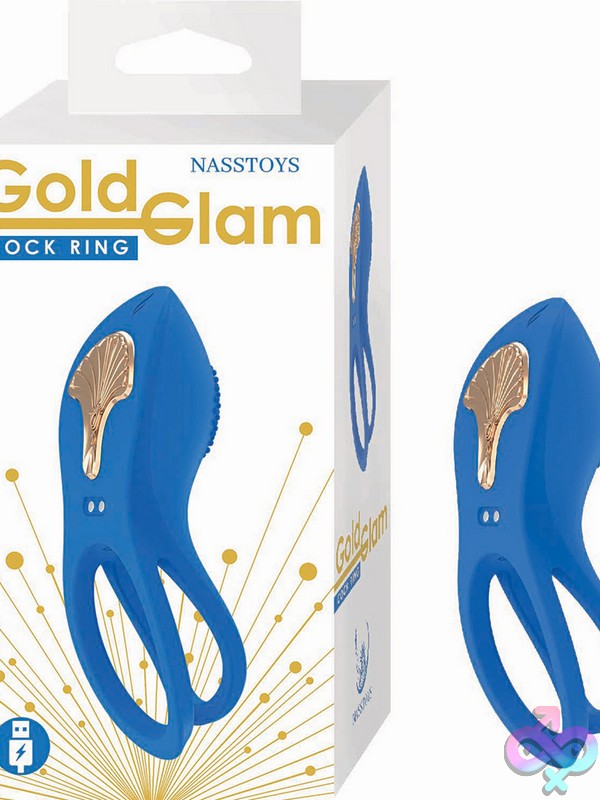 Discreet-Toys-Gold-Glam-Cockring-Blue-Nu-Nw3299-1 Gold Glam Vibrating Cockring In Black And Blue On Neutral Background