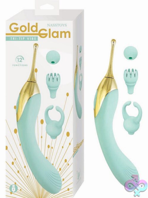 Gold Glam Tri-Tip Rechargeable Clitoral Vibrator With Three Silicone Attachments Displayed On A Soft Background