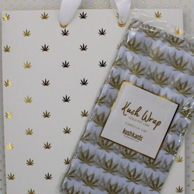 Gold and white gift bag with Kush Wrap tissue paper set by Kushkards