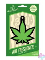 Green leaf-shaped cardboard air freshener with Fresh Forest scent by Wood Rocket