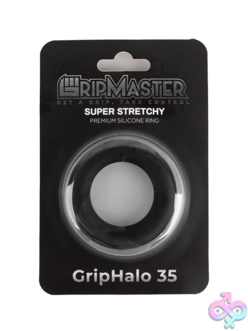 Gripmaster Gripfit Silicone Cock Ring In Black And Blue On Neutral Background
