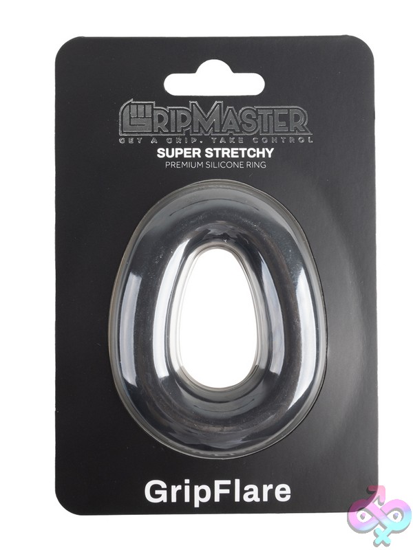 Discreet-Toys-Gripmaster-Gripflare-Black-Nu-Gm-1020 Gripmaster Gripflare Donut Cock Ring In Black, Blue, And Red On Neutral Background