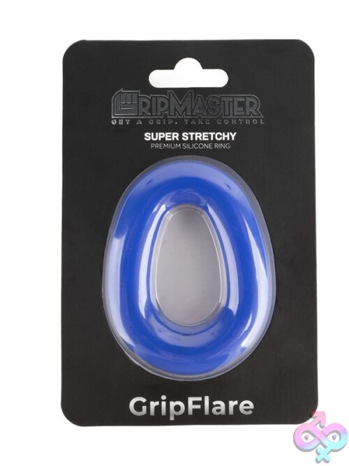 Gripmaster Gripflare Donut Cock Ring In Black, Blue, And Red On Neutral Background