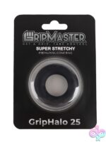 Gripmaster Griphalo 25mm silicone donut cock ring in black, blue, and red on a neutral background