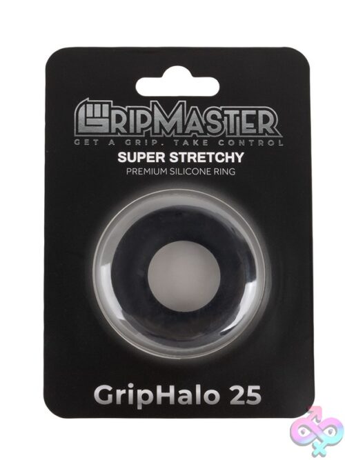 Gripmaster Griphalo 25Mm Silicone Donut Cock Ring In Black, Blue, And Red On A Neutral Background