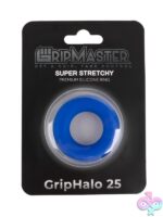 Gripmaster Griphalo 25mm silicone donut cock ring in black, blue, and red on a neutral background