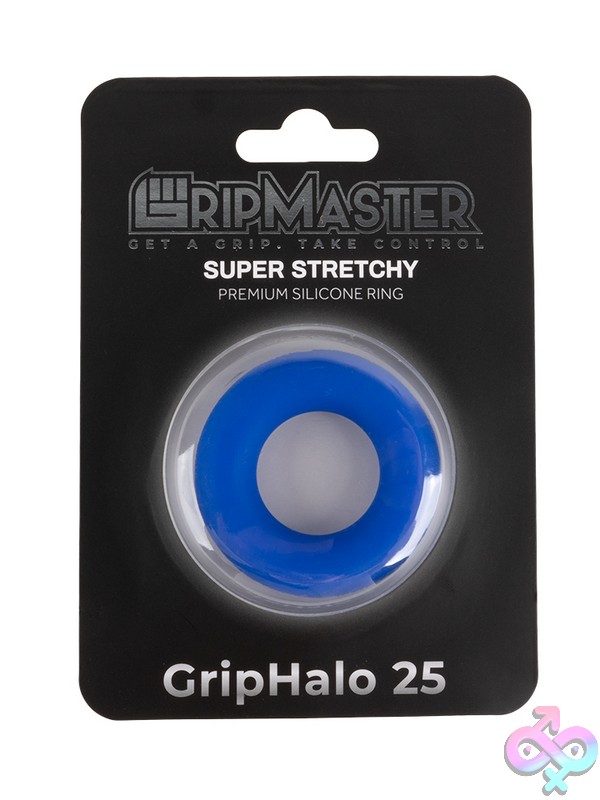 Discreet-Toys-Gripmaster-Griphalo-25Mm-Blue-Nu-Gm-1033 Gripmaster Griphalo 25Mm Silicone Donut Cock Ring In Black, Blue, And Red On A Neutral Background