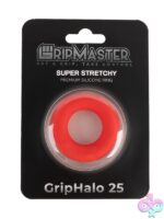 Gripmaster Griphalo 25mm silicone donut cock ring in black, blue, and red on a neutral background
