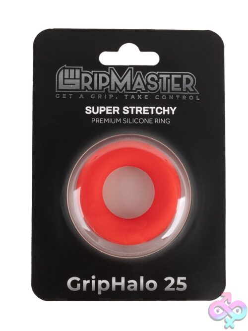 Gripmaster Griphalo 25Mm Silicone Donut Cock Ring In Black, Blue, And Red On A Neutral Background