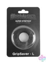 Large black silicone cock ring laid flat on neutral surface by Gripmaster