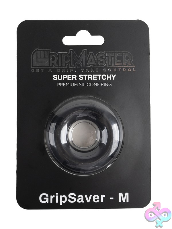 Discreet-Toys-Gripmaster-Gripsaver-Medium-Black-Nu-Gm-1002 Medium Black Silicone Cock Ring By Gripmaster Gripsaver Shown Against Neutral Background