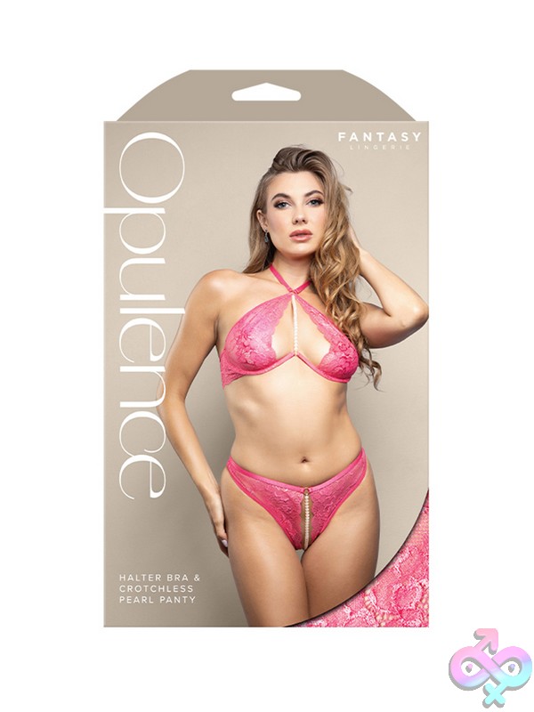 Discreet-Toys-Halter-Bra-Crotchless-Pearl-Panty-S-M-Nu-2636Hpk-Sm-B Hot Pink Shimmer Lace Halter Bra And Crotchless Pearl Panty Set By Fantasy Lingerie