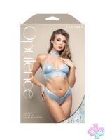 Light blue metallic foil lace halter bralette and pearl g-string set on white background