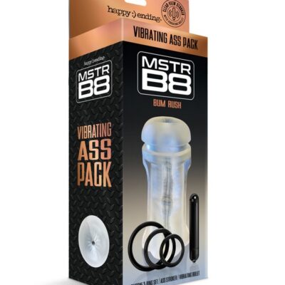 Black vibrating masturbator pack with textured sleeve and silicone C-ring set by Happy Ending