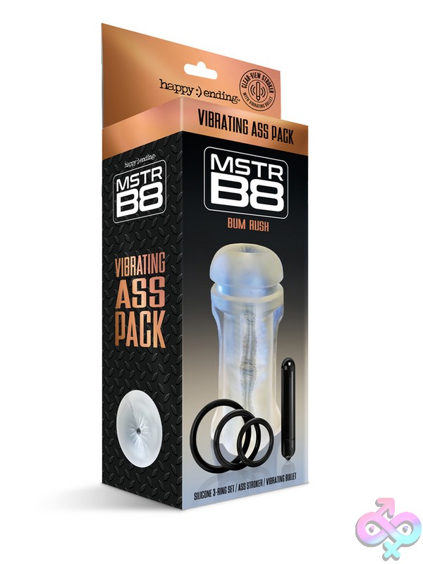 Discreet-Toys-Happy-Ending-Mstr-B8-Vibrating-Ass-Pack-Nu-Gn-3000922 Black Vibrating Masturbator Pack With Textured Sleeve And Silicone C-Ring Set By Happy Ending