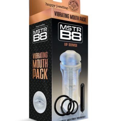 Black vibrating masturbator sleeve kit with bullet and three silicone C-rings on a neutral background