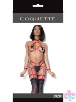 Strappy merlot harness halter top and crotchless panty set with metal O-rings by Coquette Lingerie
