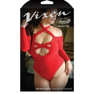 Red long-sleeve criss-cross halter bodysuit in queen size by Fantasy Lingerie