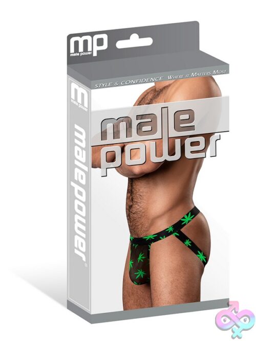 Male Power Hazy Dayz Potleaf Jockstrap In Black Showing Cannabis-Leaf Printed Waistband And Full Rear Exposure