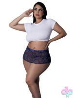 Navy mesh glow butterfly lingerie skirt with blacklight-reactive neon print by Magic Silk