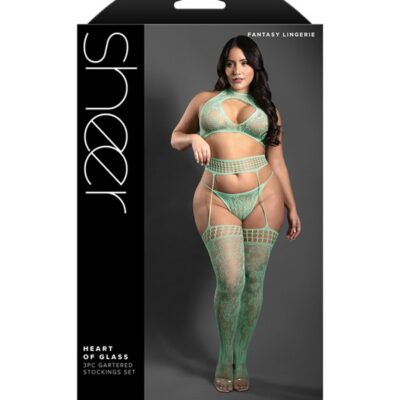 Three-piece seaglass green lace halter gartered stockings lingerie set by Fantasy Lingerie
