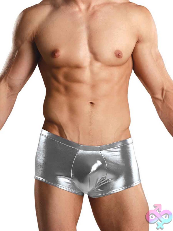 Discreet-Toys-Heavy-Metal-Mini-Short-Silver-S-Nu-153070Sisl Silver Metallic Men'S Mini Short With Comfort-Fit Pouch By Male Power