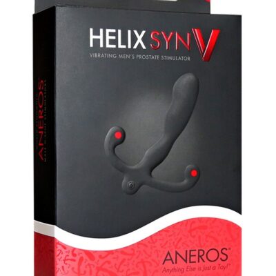 Helix Syn V vibrating prostate massager in black by Aneros, shown at an angle highlighting its curved anatomical contours