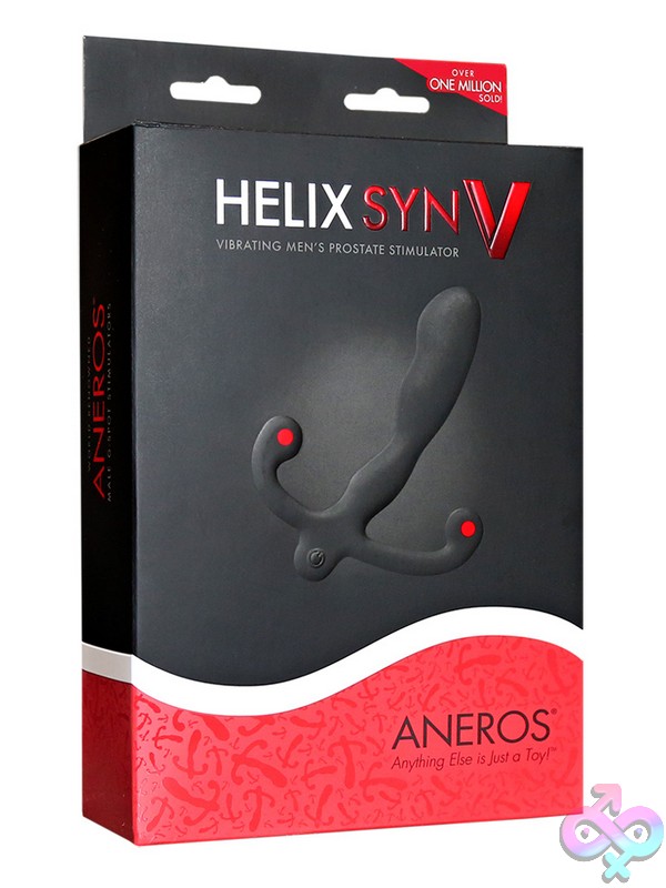 Discreet-Toys-Helix-Syn-V-Nu-As-8676 Helix Syn V Vibrating Prostate Massager In Black By Aneros, Shown At An Angle Highlighting Its Curved Anatomical Contours