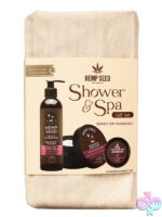 Hemp Seed Holiday Gift Bag with skin butter, shower gel, and 3-in-1 candle in brown packaging by Earthly Body