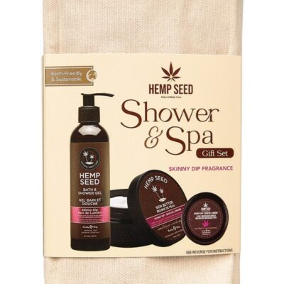 Hemp Seed Holiday Gift Bag with skin butter, shower gel, and 3-in-1 candle in brown packaging by Earthly Body