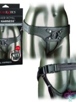 Pewter vegan leather strap-on harness with velvet lining and snap-in ring system by California Exotic Novelties