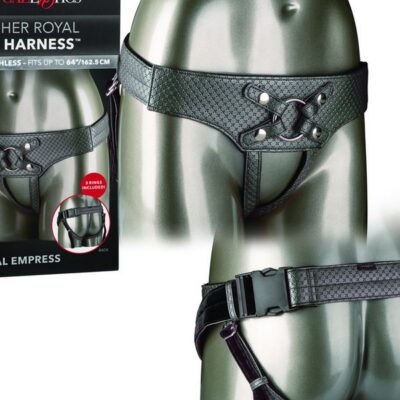 Pewter vegan leather strap-on harness with velvet lining and snap-in ring system by California Exotic Novelties