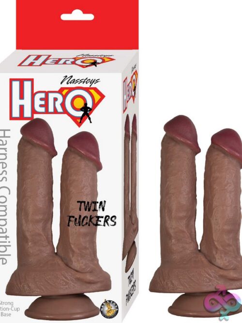 Hero Twin Fuckers Dual Penetration Dildo With Suction Cup Base In Beige And Brown