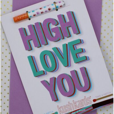Purple High Love You greeting card with matchbook and envelope by Kushkards