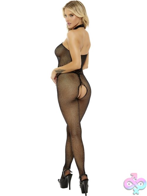 High Neck Fishnet And Lace Bodystocking Black O/S - Image 2