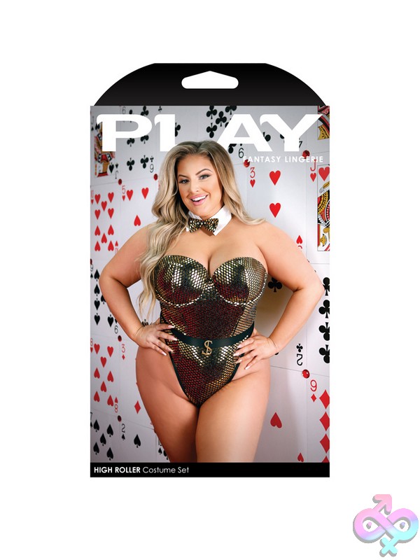 Discreet-Toys-High-Roller-Sequined-Costume-Set-3X-4X-Nu-Pl2202-3X4X-B Gold Sequined Bodysuit With Molded Underwire Cups And Bowtie Collar By Fantasy Lingerie