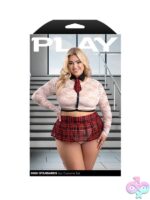 Red lace and plaid mesh school girl costume set with body harness and G-string on white background