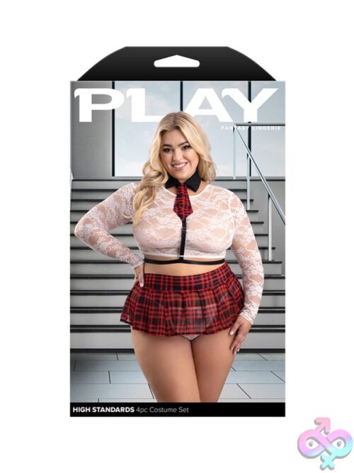 Red Lace And Plaid Mesh School Girl Costume Set With Body Harness And G-String On White Background