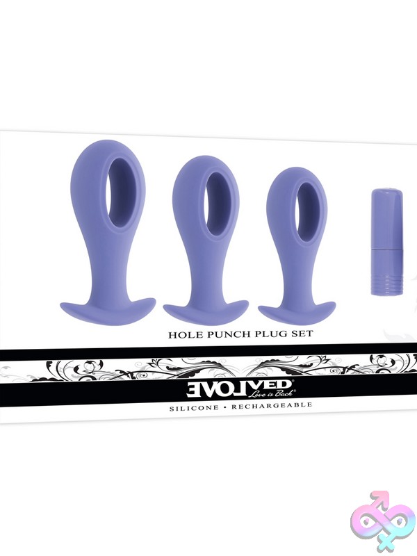 Discreet-Toys-Hole-Punch-Plug-Set-Nu-En-Rs-5032-2 Three-Piece Hollow-Center Vibrating Anal Plug Set In Purple Silicone By Evolved Novelties