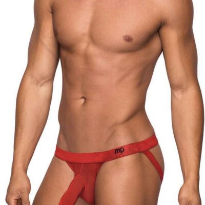 Male Power Hoser Hose Jock sheer stretch jockstrap in red on white background