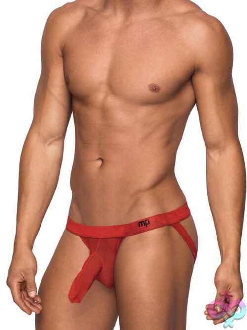 Male Power Hoser Hose Jock Sheer Stretch Jockstrap In Red On White Background