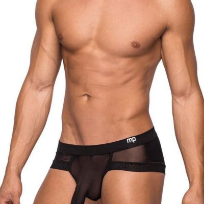 Sheer black micro mini short with high-cut legs and plush waistband by Male Power