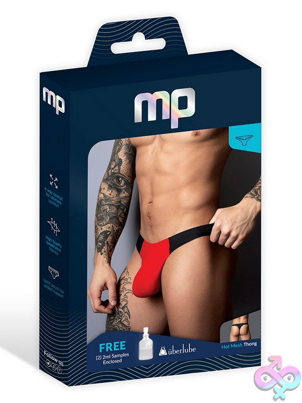 Discreet-Toys-Hot-Mesh-Bong-Thong-Black-Red-L-X-Nu-442300Bklx Black And Red Mesh Bong Thong With Uplift Pouch Front And T-Back By Male Power