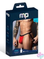 Low-rise black and red mesh jockstrap with contoured pouch by Male Power