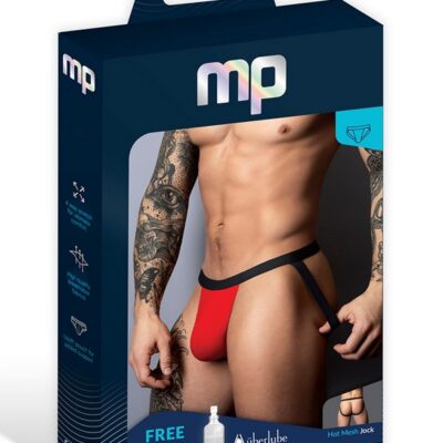 Low-rise black and red mesh jockstrap with contoured pouch by Male Power