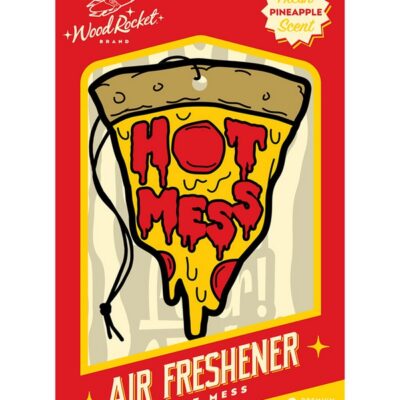 Yellow pizza-slice shaped cardboard air freshener with fresh pineapple scent by Wood Rocket