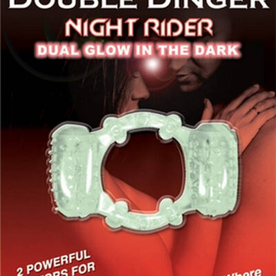Double Dinger Night Rider vibrating cock ring by Hott Products — green glow-in-the-dark dual bullet ring