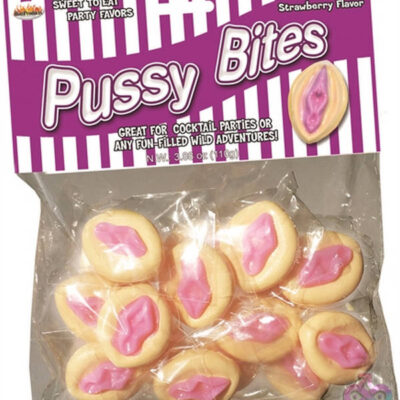 Pussy Bites strawberry-flavored edible party favors by Hott Products, 16 pcs per bag