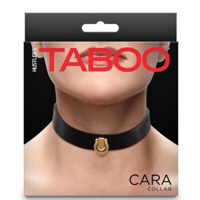 Cara adjustable black PU vinyl collar with O-ring and buckle closure by Hustler's Taboo